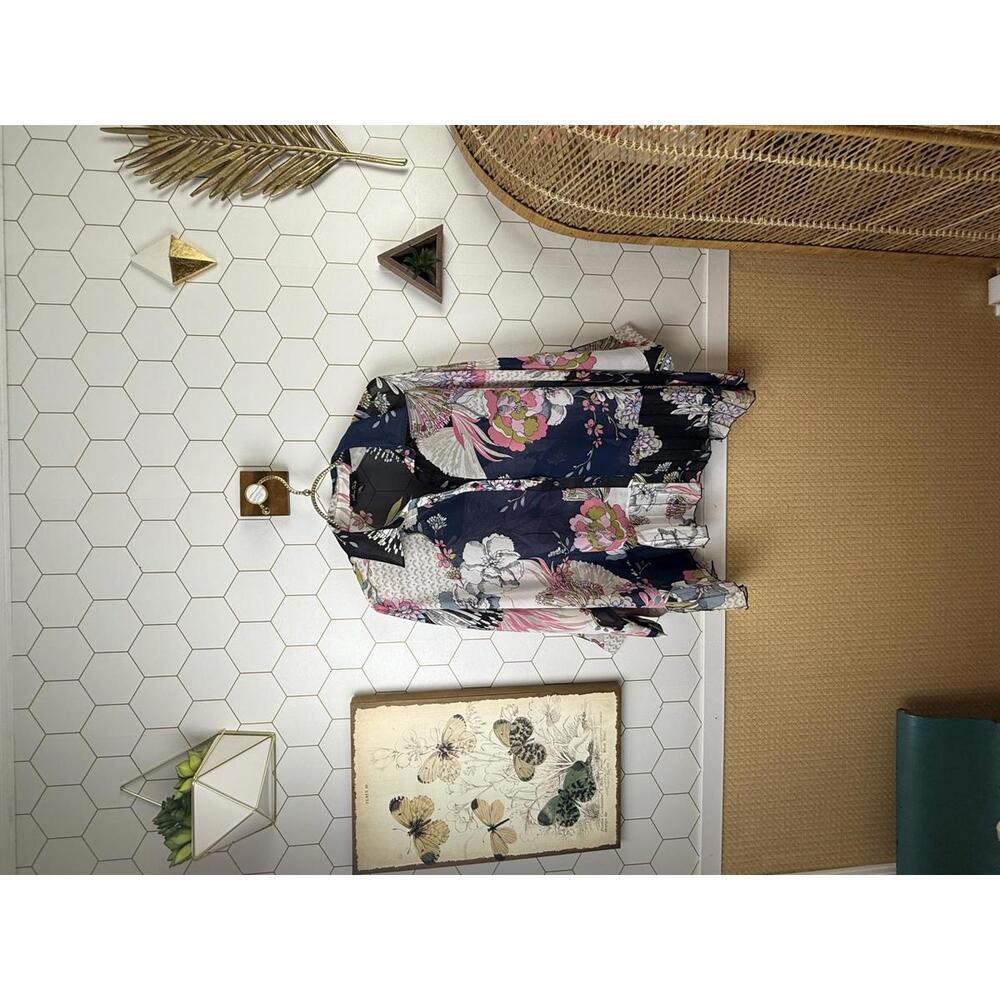 Melissa Paige Navy Floral Oversized Sheer Pleated Hem Blouse - Size - Small